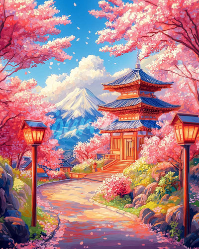 Diamond Painting - Sakura-Weg zur Pagode – 40 x 50 cm auf Keilrahmen gespannt