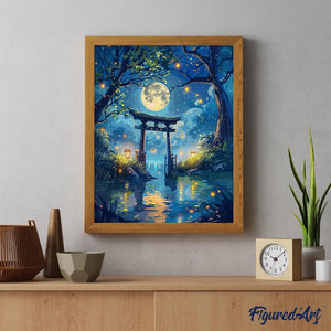Diamond Painting - Mondlicht-Torii mit Glühwürmchen – 40 x 50 cm auf Keilrahmen gespannt