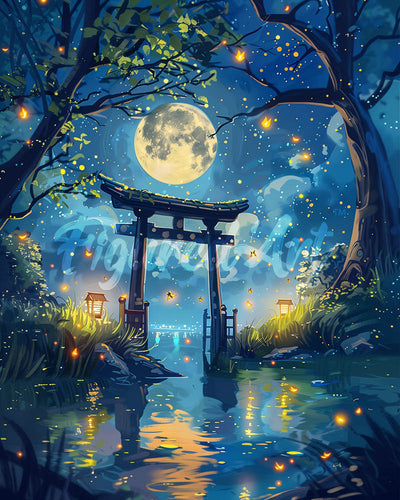 Diamond Painting - Mondlicht-Torii mit Glühwürmchen – 40 x 50 cm auf Keilrahmen gespannt