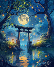 Laden Sie das Bild in den Galerie-Viewer, Diamond Painting - Mondlicht-Torii mit Glühwürmchen – 40 x 50 cm auf Keilrahmen gespannt