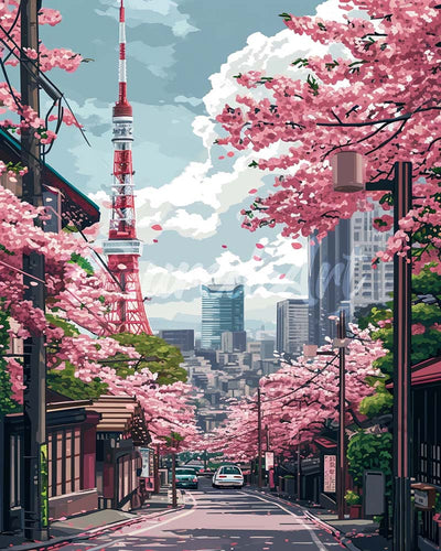 Diamond Painting - Tokio Sakura-Straße – 40 x 50 cm auf Keilrahmen gespannt