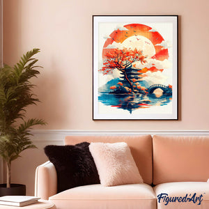 Diamond Painting - Pagode unter der aufgehenden Sonne – 40 x 50 cm auf Keilrahmen gespannt