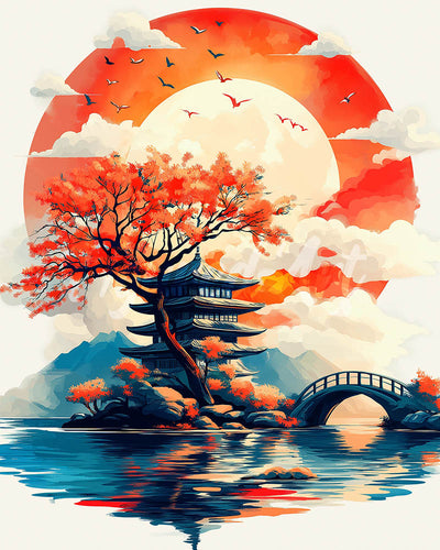 Diamond Painting - Pagode unter der aufgehenden Sonne