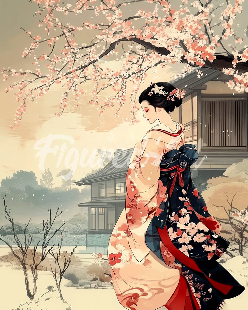 Diamond Painting - Vintage-Winter-Geisha-Szene – 40 x 50 cm auf Keilrahmen gespannt