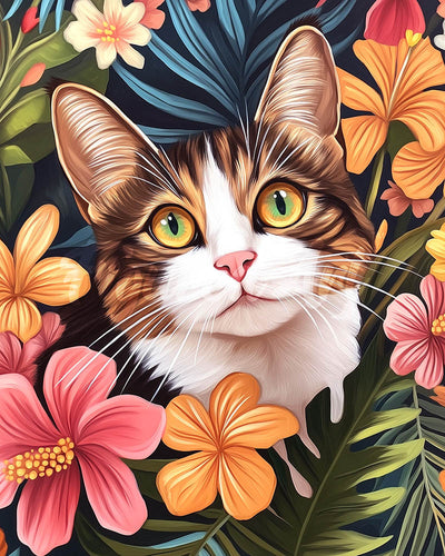 Diamond Painting - Katze mit tropischen Blumen