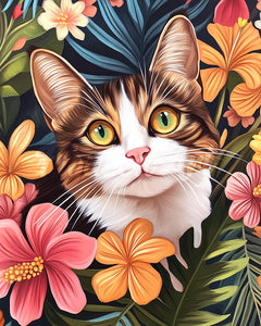 Diamond Painting - Katze mit tropischen Blumen