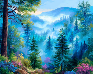 Diamond Painting - Nebliges Kiefern-Tal