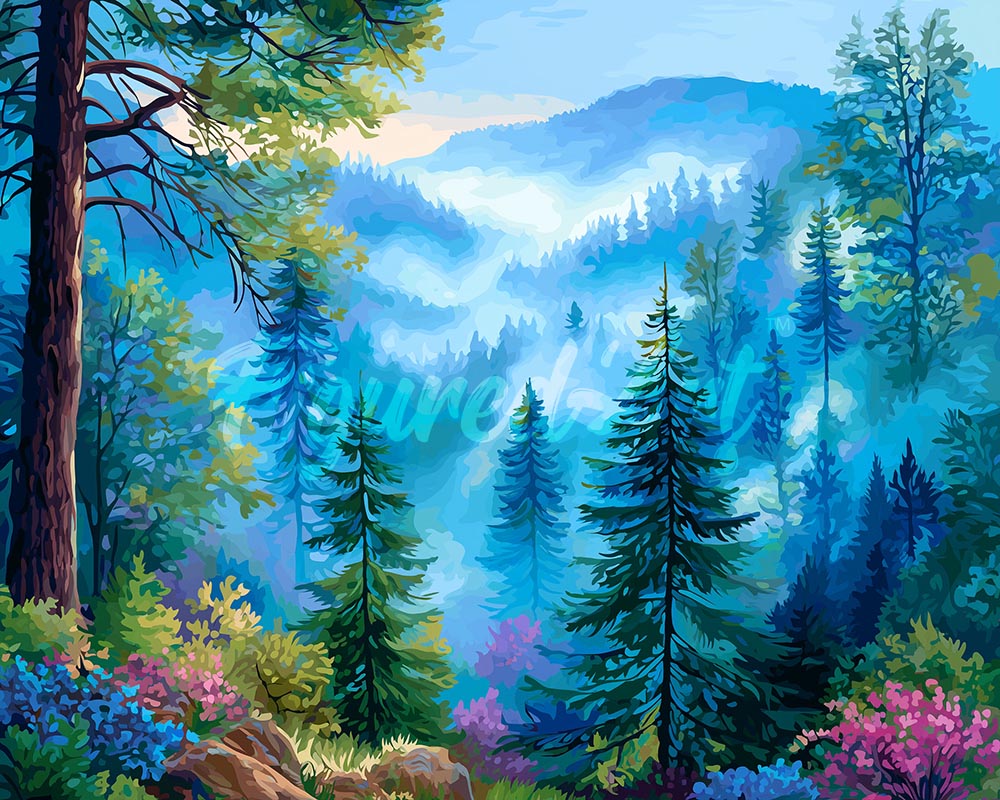 Diamond Painting - Nebliges Kiefern-Tal