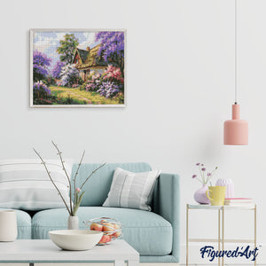 Diamond Painting - Cottage mit Flieder-Garten