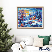 Laden Sie das Bild in den Galerie-Viewer, Diamond Painting - Winterliches Flusscottage – 40 x 50 cm auf Keilrahmen gespannt