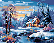 Laden Sie das Bild in den Galerie-Viewer, Diamond Painting - Winterliches Flusscottage – 40 x 50 cm auf Keilrahmen gespannt