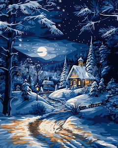 Diamond Painting - Mondschein-Winterhütte