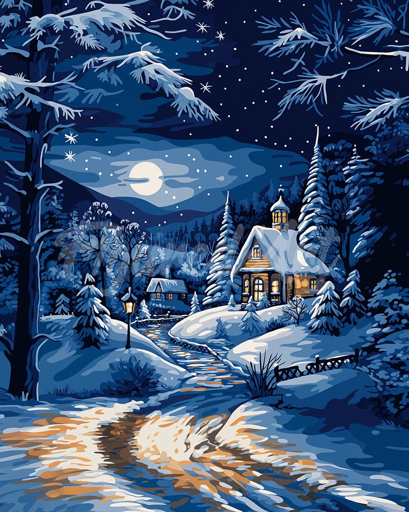 Diamond Painting - Mondschein-Winterhütte