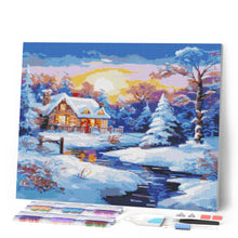 Laden Sie das Bild in den Galerie-Viewer, Diamond Painting - Winterhütte im Sonnenuntergang