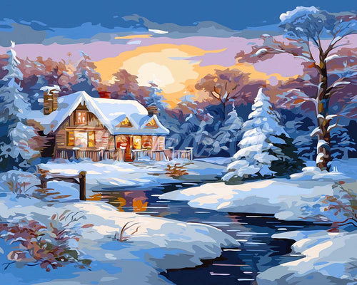 Diamond Painting - Winterhütte im Sonnenuntergang