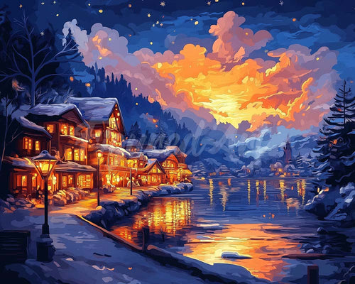 Diamond Painting - Leuchtendes Dorf am See