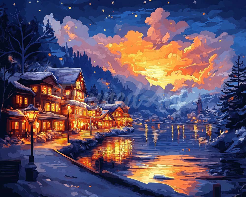 Diamond Painting - Leuchtendes Dorf am See