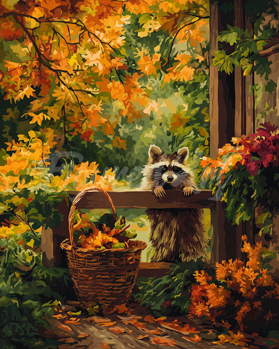 Diamond Painting - Süßer Waschbär im Herbst