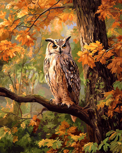 Diamond Painting - Eule unter goldenen Blättern