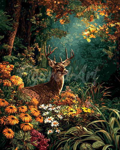 Diamond Painting - Hirsch umgeben von Herbstblüten