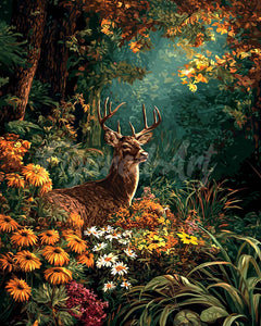 Diamond Painting - Hirsch umgeben von Herbstblüten
