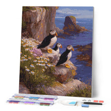 Laden Sie das Bild in den Galerie-Viewer, Diamond Painting - Papageitaucher Sonnenuntergang Klippen
