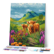 Laden Sie das Bild in den Galerie-Viewer, Diamond Painting - Highland Cow blühende Hügel