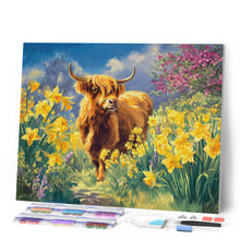 Laden Sie das Bild in den Galerie-Viewer, Diamond Painting - Highland Cow und Narzissen