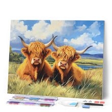 Laden Sie das Bild in den Galerie-Viewer, Diamond Painting - Highland Cow goldenes Feld