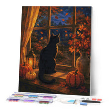 Laden Sie das Bild in den Galerie-Viewer, Diamond Painting - Schwarze Katze am Kürbisfenster