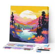 Laden Sie das Bild in den Galerie-Viewer, Mini Diamond Painting 25 x 25 cm - Bunter Sonnenuntergang am See
