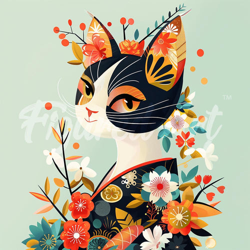 Mini Diamond Painting 25 x 25 cm - Florale Katze im Kimono