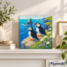 Laden Sie das Bild in den Galerie-Viewer, Mini Diamond Painting 25 x 25 cm - Papageitaucher an den Meeresklippen