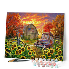 Laden Sie das Bild in den Galerie-Viewer, Malen nach Zahlen für Erwachsene | Sonnenblumenfeld mit Oldtimer an der Scheune | Figured'Art