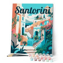 Laden Sie das Bild in den Galerie-Viewer, Reiseposter Santorin in voller Blüte