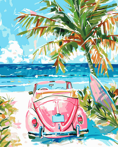Malen nach Zahlen Figured'Art – Rosa Auto am Meer