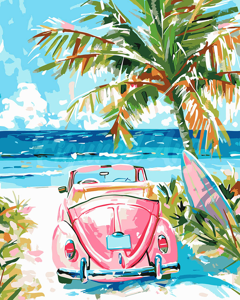 Malen nach Zahlen Figured'Art – Rosa Auto am Meer