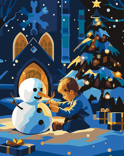 Malen nach Zahlen Figured'Art – Winternacht Junge und Schneemann