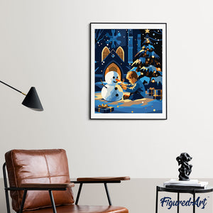 Winternacht Junge und Schneemann