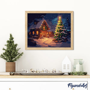 Schneebedeckte Weihnachtshütte