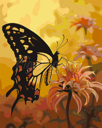 Malen nach Zahlen Figured'Art – Schwalbenschwanz und orange Blumen