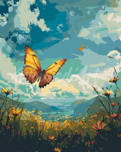 Malen nach Zahlen Figured'Art – Kupferschmetterling unter blauem Himmel