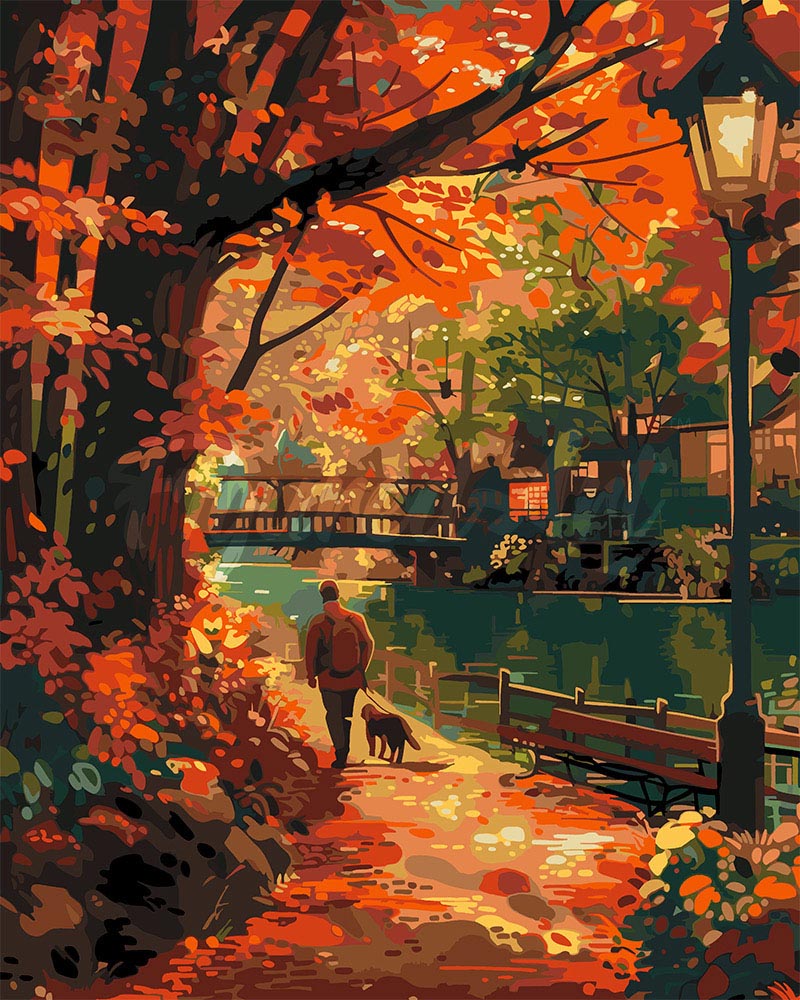 Malen nach Zahlen Figured'Art – Hunde-Spaziergang im Herbst