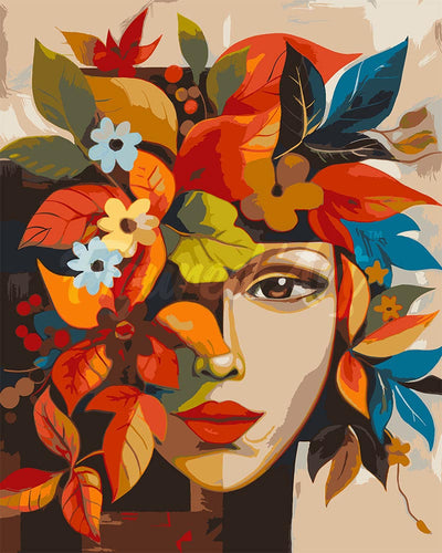 Malen nach Zahlen Figured'Art – Von Picasso inspiriertes Herbst-Flora-Gesicht