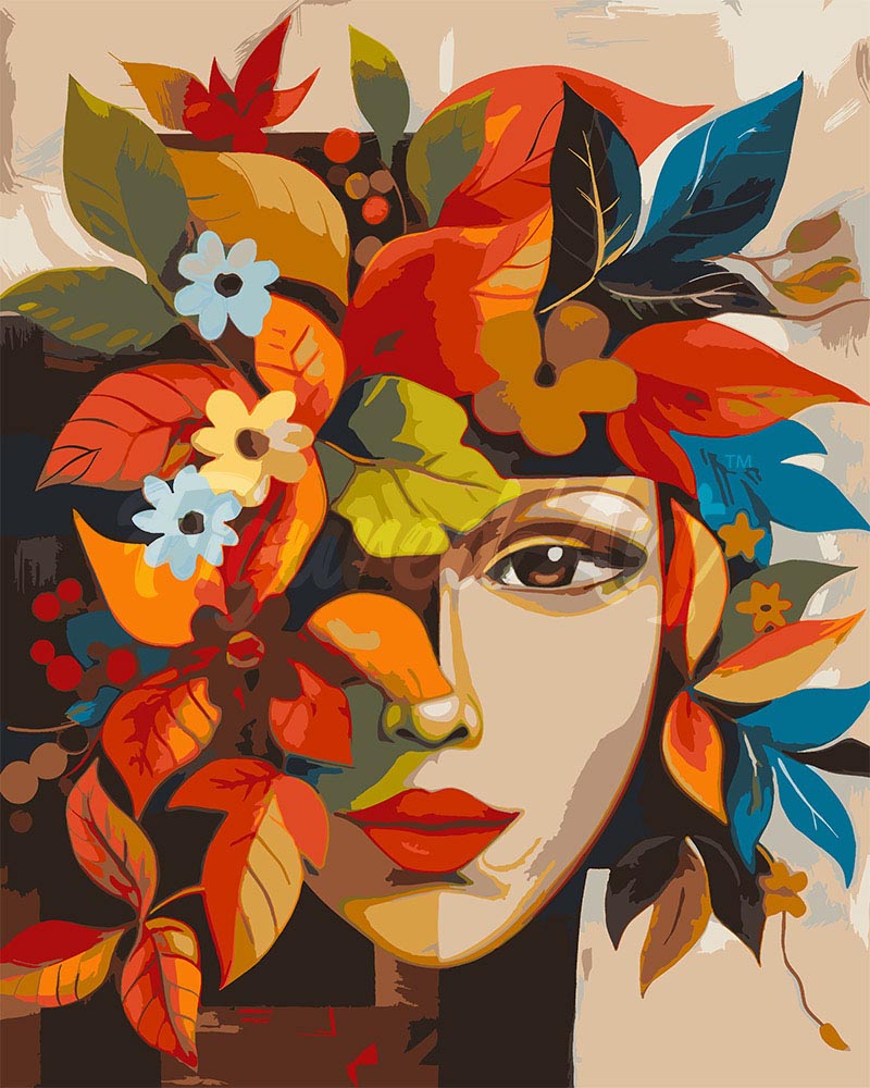 Malen nach Zahlen Figured'Art – Von Picasso inspiriertes Herbst-Flora-Gesicht