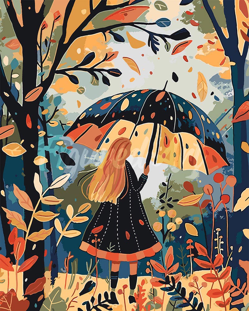 Malen nach Zahlen Figured'Art – Mädchen mit Regenschirm im Herbst