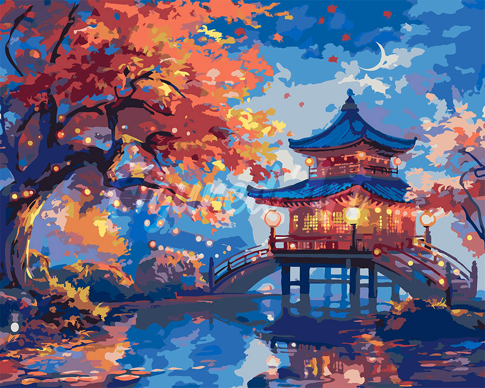 Malen nach Zahlen Figured'Art – Pagode in einer Herbstnacht