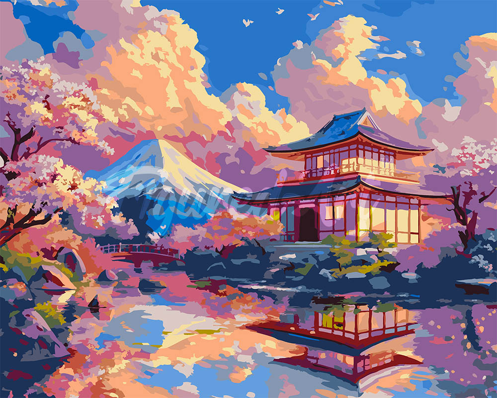 Malen nach Zahlen Figured'Art – Tempelblick mit Mount Fuji
