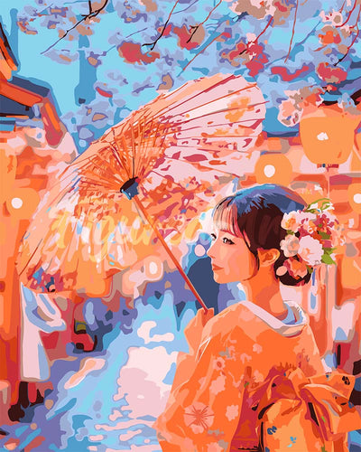 Malen nach Zahlen Figured'Art – Kimono-Mädchen auf Sakura-Straße