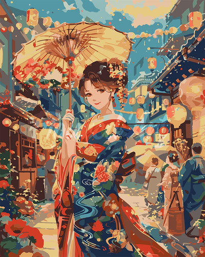 Malen nach Zahlen Figured'Art – Kimono-Mädchen beim Laternenfest